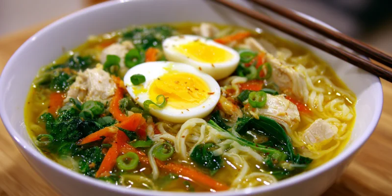 Chicken noodle soup with egg and fresh vegetables