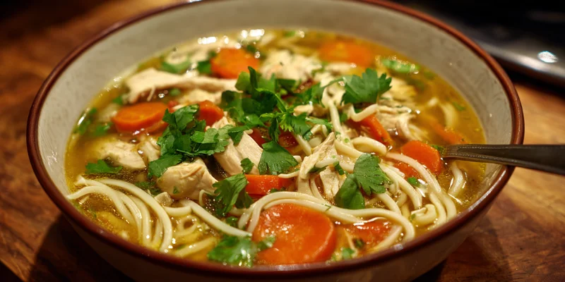Spicy chicken noodle Soup in white bowl