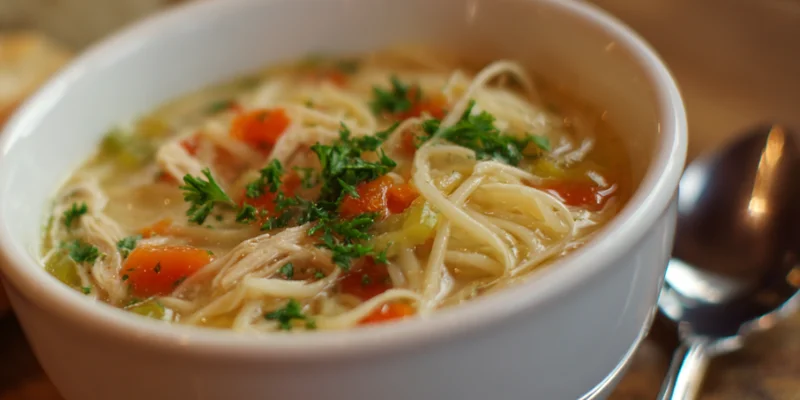 Stovetop Chicken Noodle in white bowl
