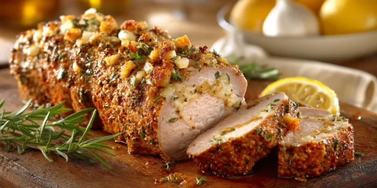 Herb crusted baked pork tenderloin on cutting board