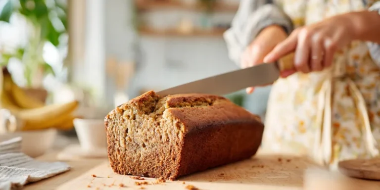 vegan banana bread kitchen a female is cutting bread
