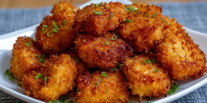 Golden chicken nuggets cooking in skillet.