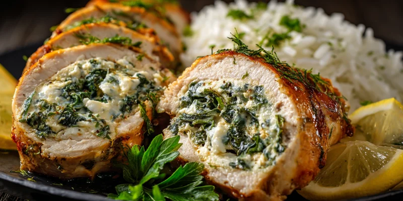 Golden seared stuffed chicken in skillet.