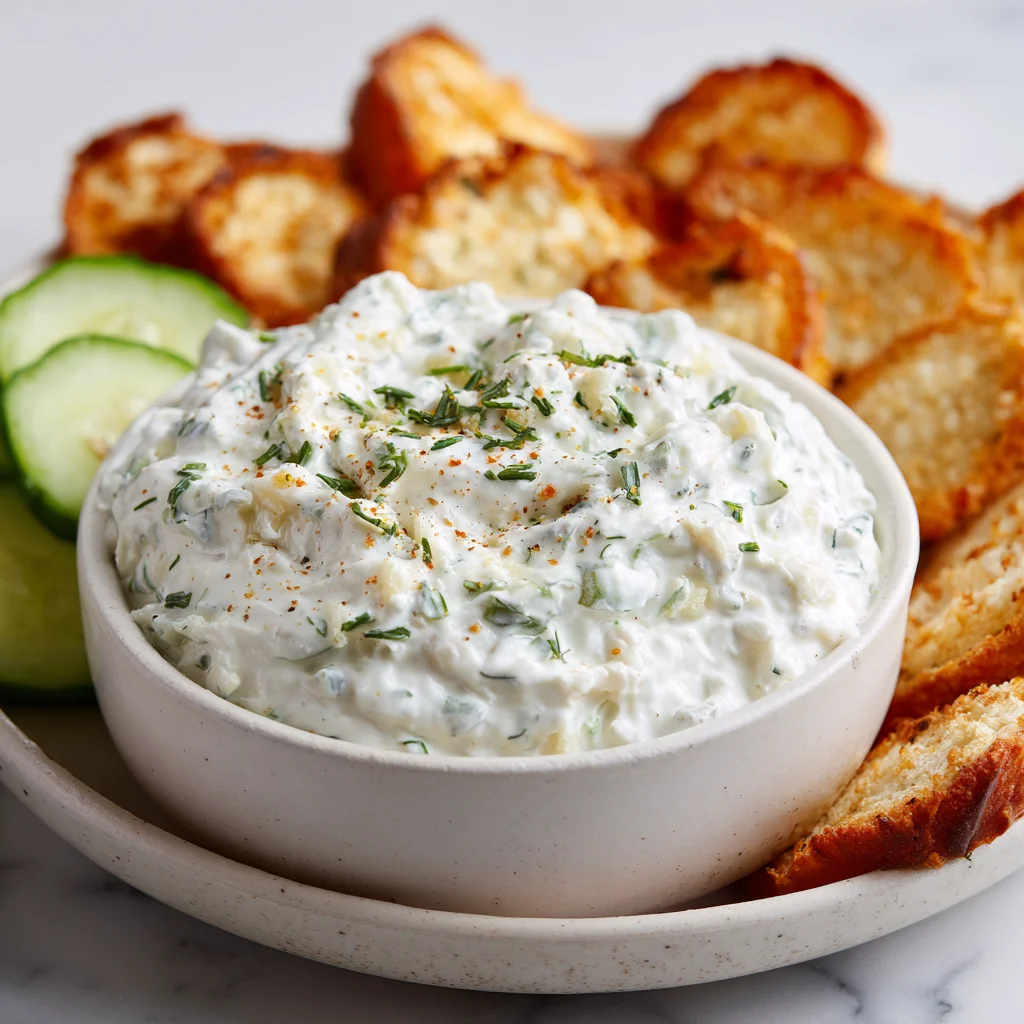 Close-up of smooth, white Cottage Cheese Ranch Dip topped with green fresh chives and parsley.