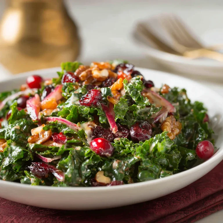 Close-up of dressed kale, dried cranberries, pecans, and apple slices tossed together in a mixing bowl.