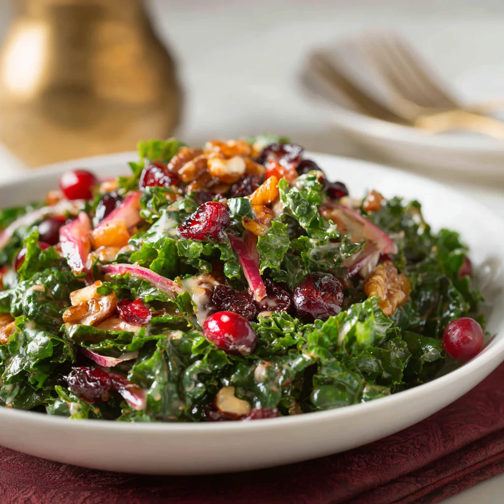 Close-up of dressed kale, dried cranberries, pecans, and apple slices tossed together in a mixing bowl.