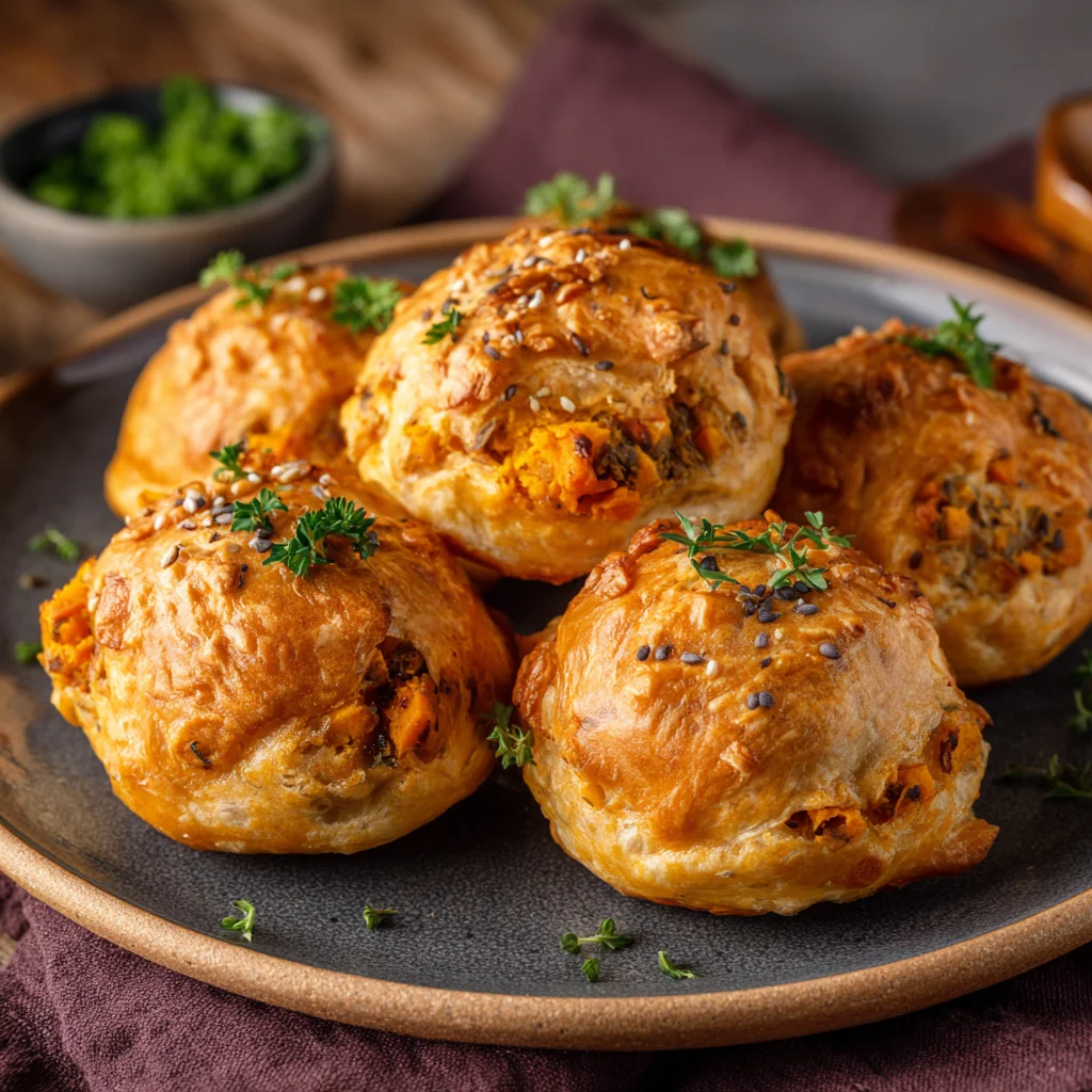 Golden Flaky Sweet Potato Duxelles Puff Bombs served on plate with herbs.