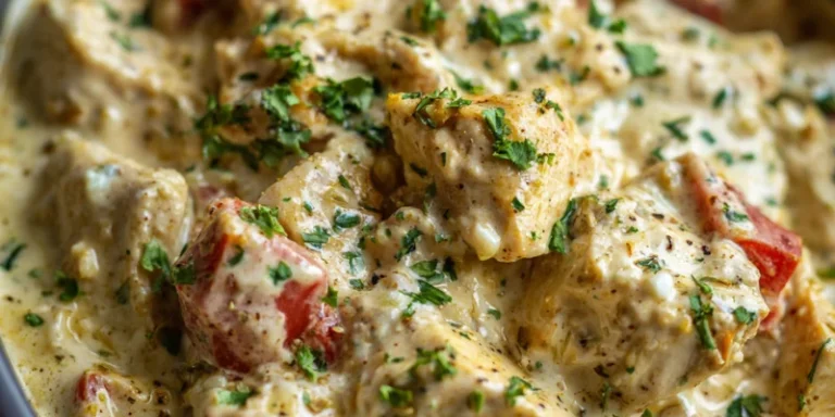 Ranch chicken cooking in creamy sauce in slow cooker