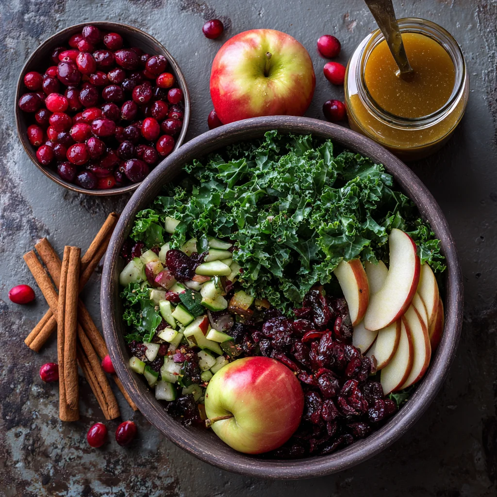 Ingredients for Thanksgiving Kale Salad with Cranberry Cinnamon Vinaigrette, including kale, apples, cranberries, and cinnamon.