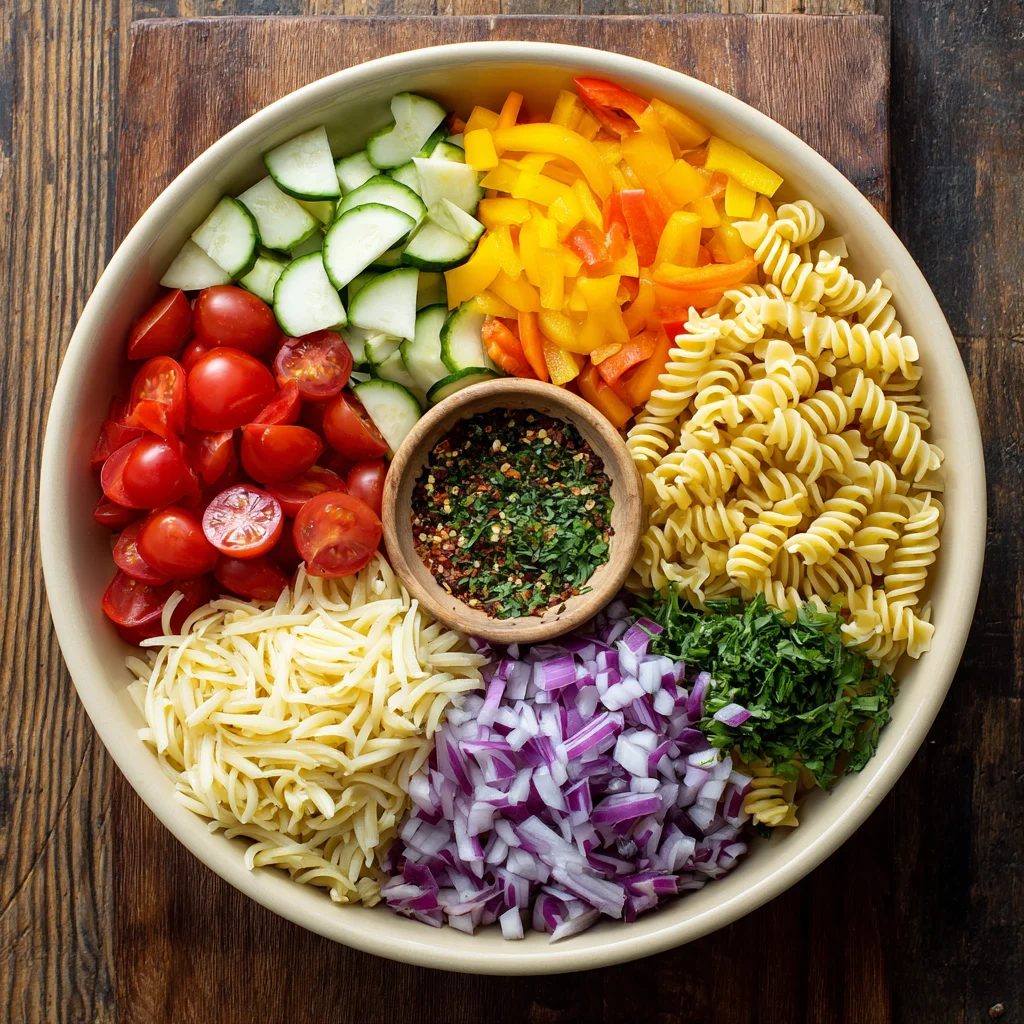 Easy Fresh California Pasta Salad ingredients