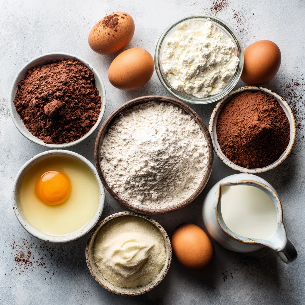 Ingredients for healthy chocolate protein donuts arranged on a plane surface.