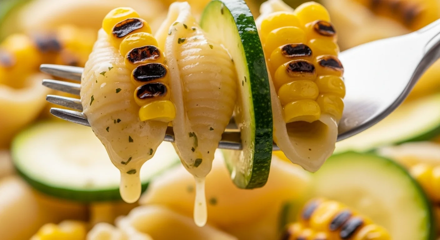 Close-up of a forkful of zucchini grilled corn pasta salad with corn, pasta, and lemon dressing.