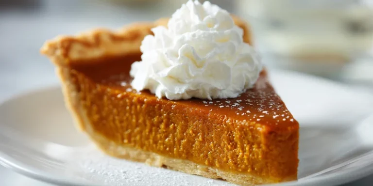 Close-up of baked pumpkin pie with golden decorative crust and smooth filling.