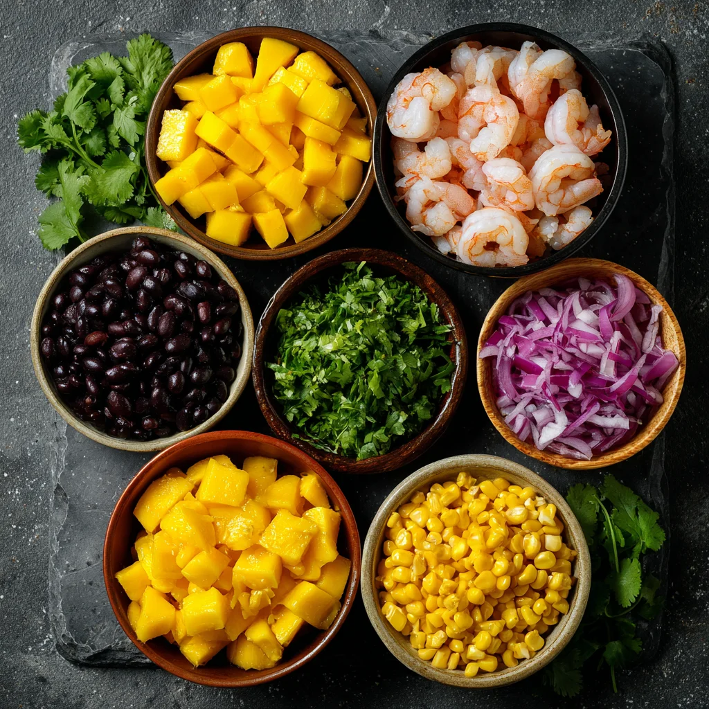 Fresh ingredients for Colorful Shrimp and Mango Rice Bowls