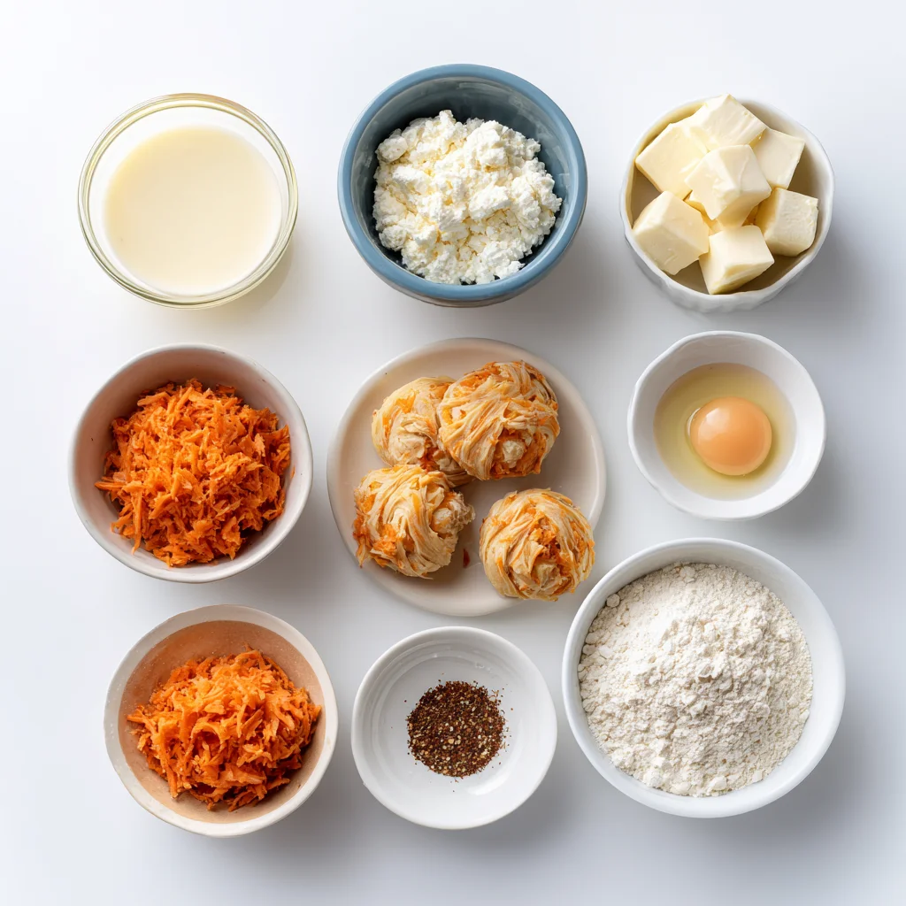 Ingredients for Flaky Sweet Potato Duxelles Puff Bombs on white background