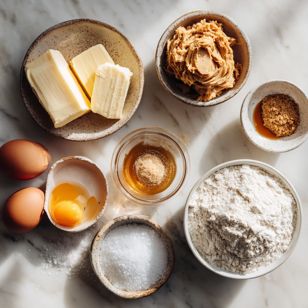 Peanut butter cookie ingredients on a marble counter