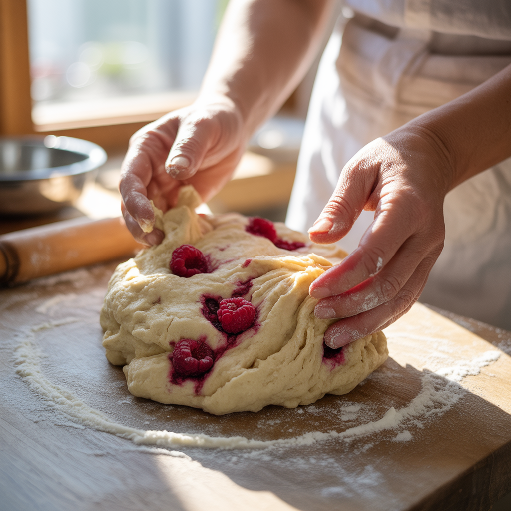 Mixing lemon raspberry scone dough on a floured counter.