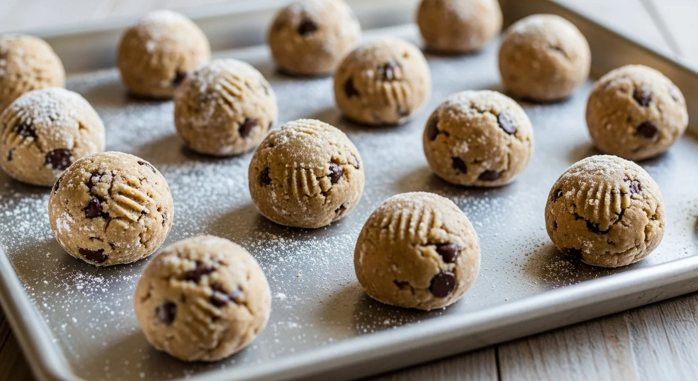 Paleo cookie dough balls rolled in arrowroot flour on baking sheet.