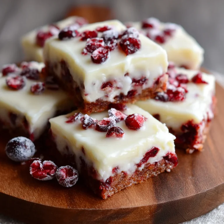 Stack of ready-to-eat Cranberry Bars with Cream Cheese Frosting and a garnish of fresh cranberries,