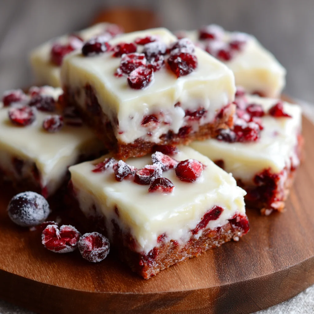 Stack of ready-to-eat Cranberry Bars with Cream Cheese Frosting and a garnish of fresh cranberries,