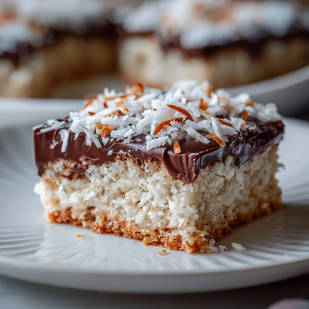 Stack of neatly sliced low-carb coconut bars with a dark chocolate topping and sea salt flakes.