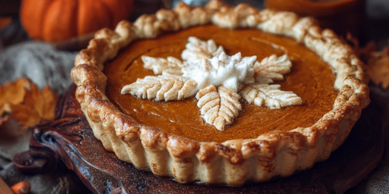 Close-up of baked pumpkin pie with golden decorative