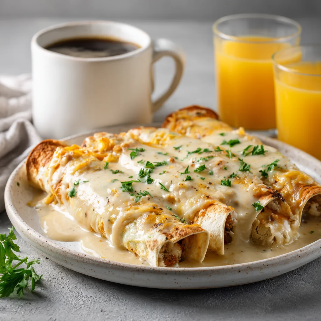 Plated Southern beef sausage gravy breakfast enchiladas with creamy gravy and coffee.