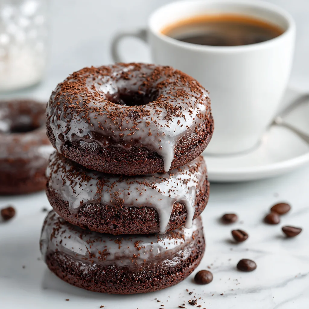 Stack of healthy chocolate protein donuts with chocolate glaze and coffee