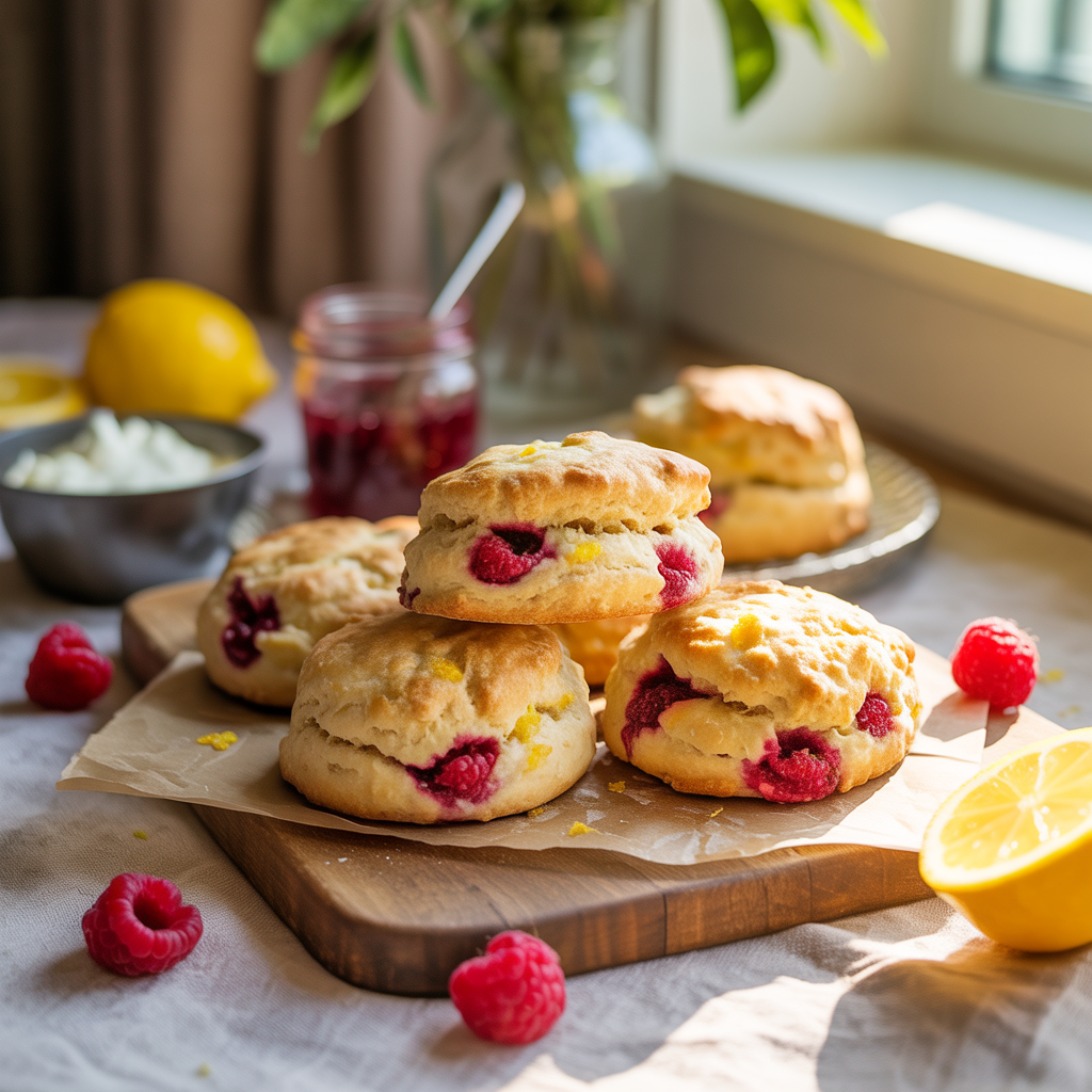 Freshly baked lemon raspberry scones with glaze on a cooling rack.
