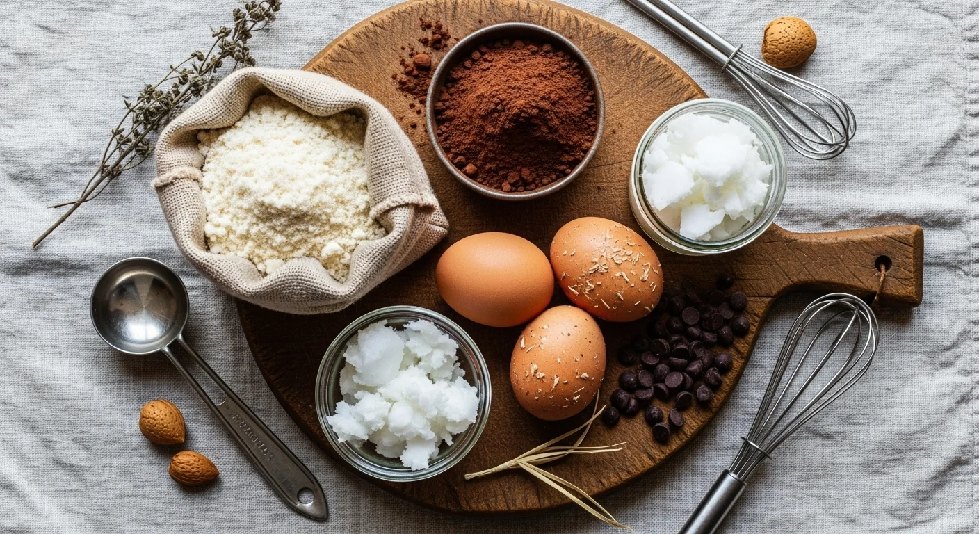 Paleo chocolate crinkle cookie ingredients arranged on a wooden counter.