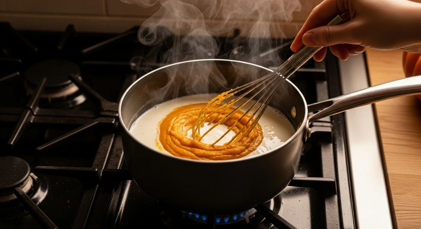 Whisking pumpkin spice milk on stove with warm steam.