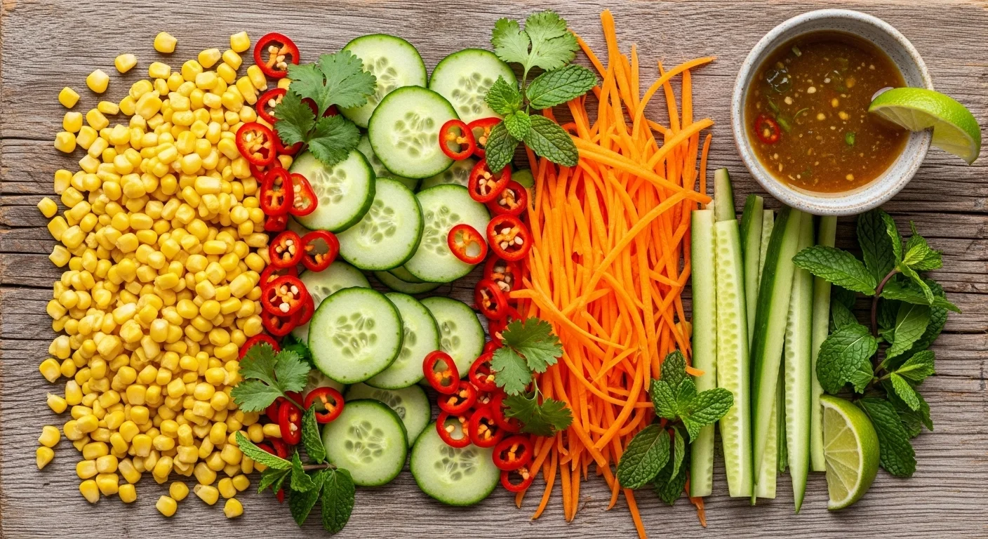 Fresh corn and veggies for Asian corn salad ingredients.