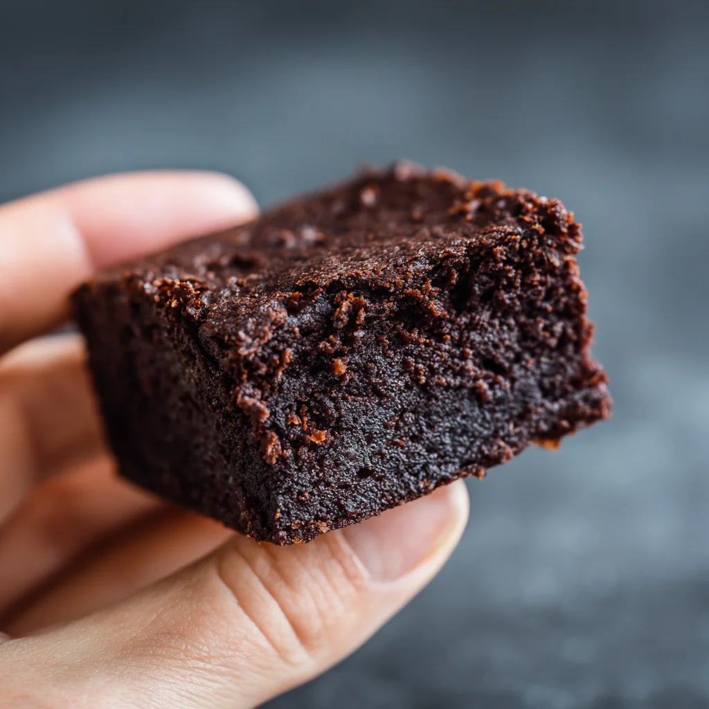 Hand holding a perfect square of sliced Guilt-Free Keto Brownie