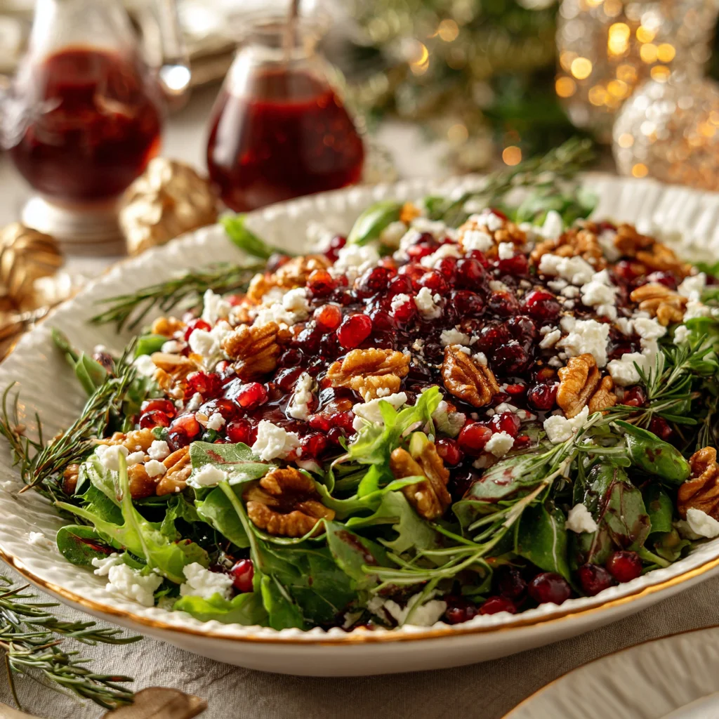 Finished Thanksgiving Kale Salad with Cranberry Cinnamon Vinaigrette and crumbled goat cheese on a festive serving platter.