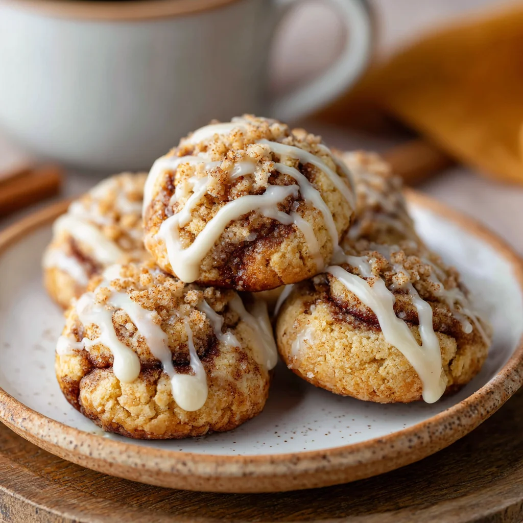 Glazed Keto Crumble Cinnamon Roll Cookies with a creamy low-carb glaze