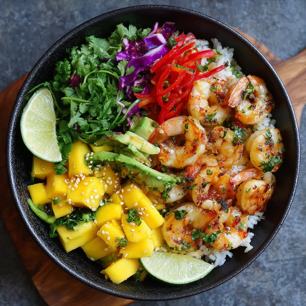 Colorful Shrimp and Mango Rice Bowl drizzled with a lime-cilantro dressing