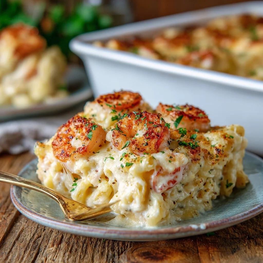 Creamy Cajun Shrimp Alfredo Bake served hot with golden cheese topping and parsley garnish.
