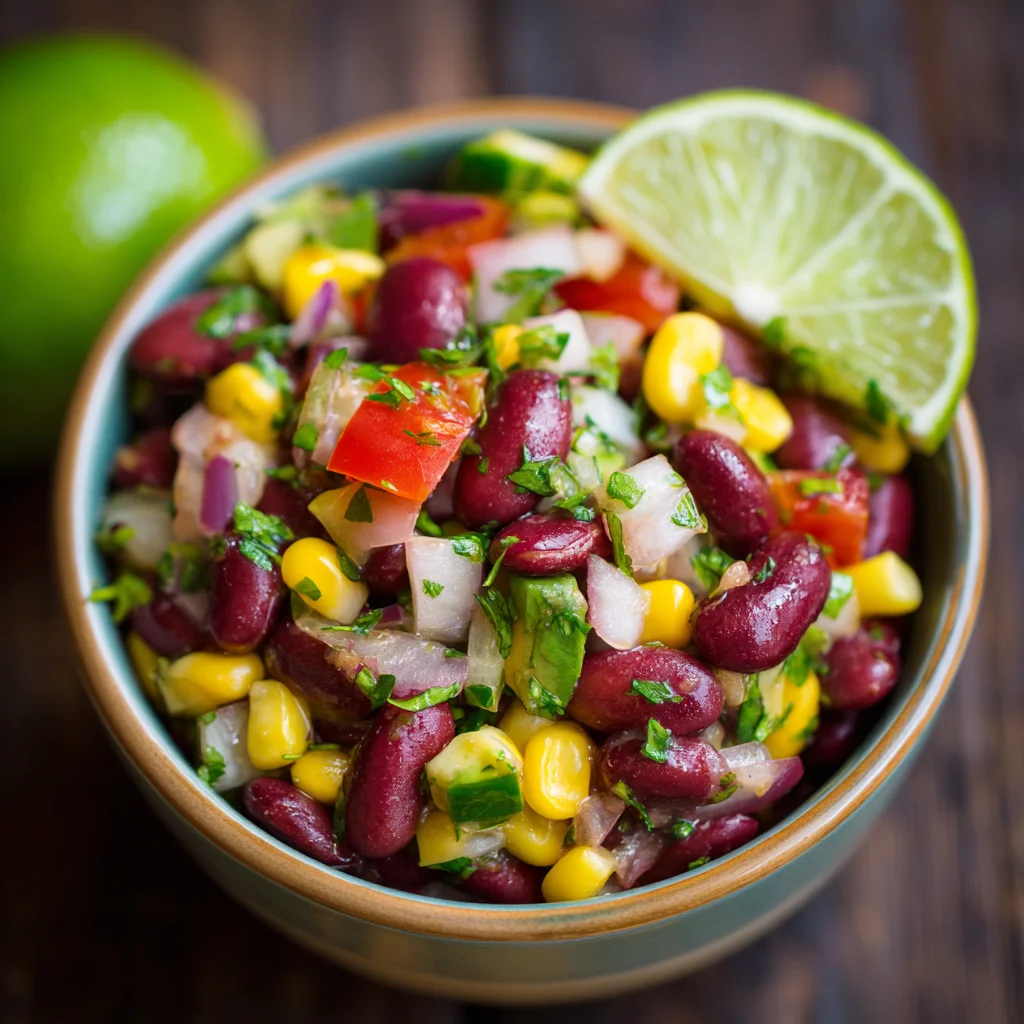 Mexican Bean Salad served in a white bowl