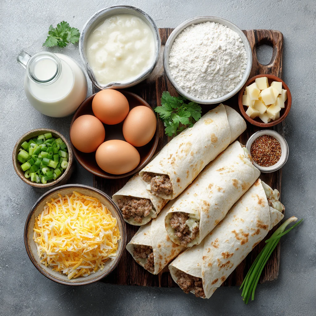 Ingredients for Southern beef sausage gravy breakfast enchiladas arranged on a wooden table.