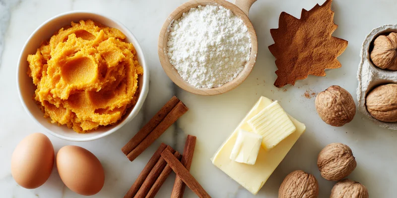 Ingredients for homemade pumpkin pie, including spices, pumpkin puree, and cold butter.