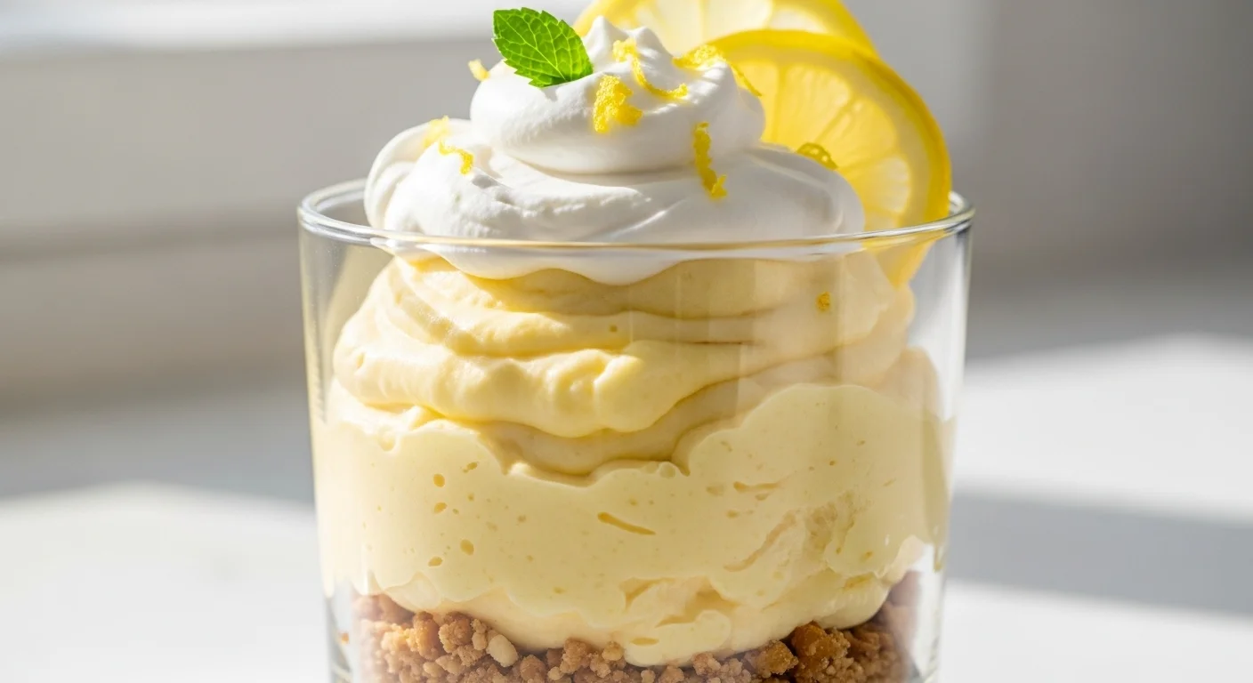 Creamy keto lemon cheesecake fluff topped with lemon zest and berries