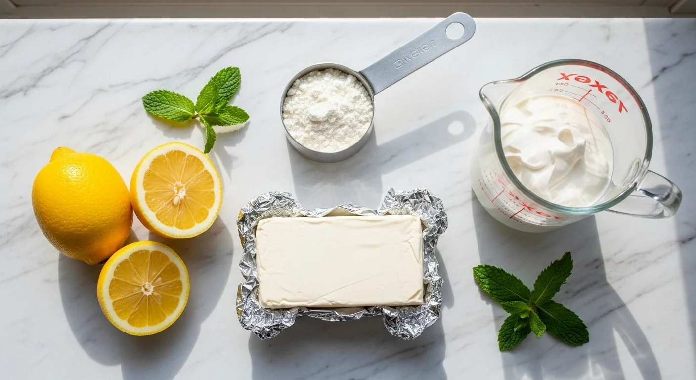 Keto lemon cheesecake fluff ingredients on marble counter with fresh lemons.