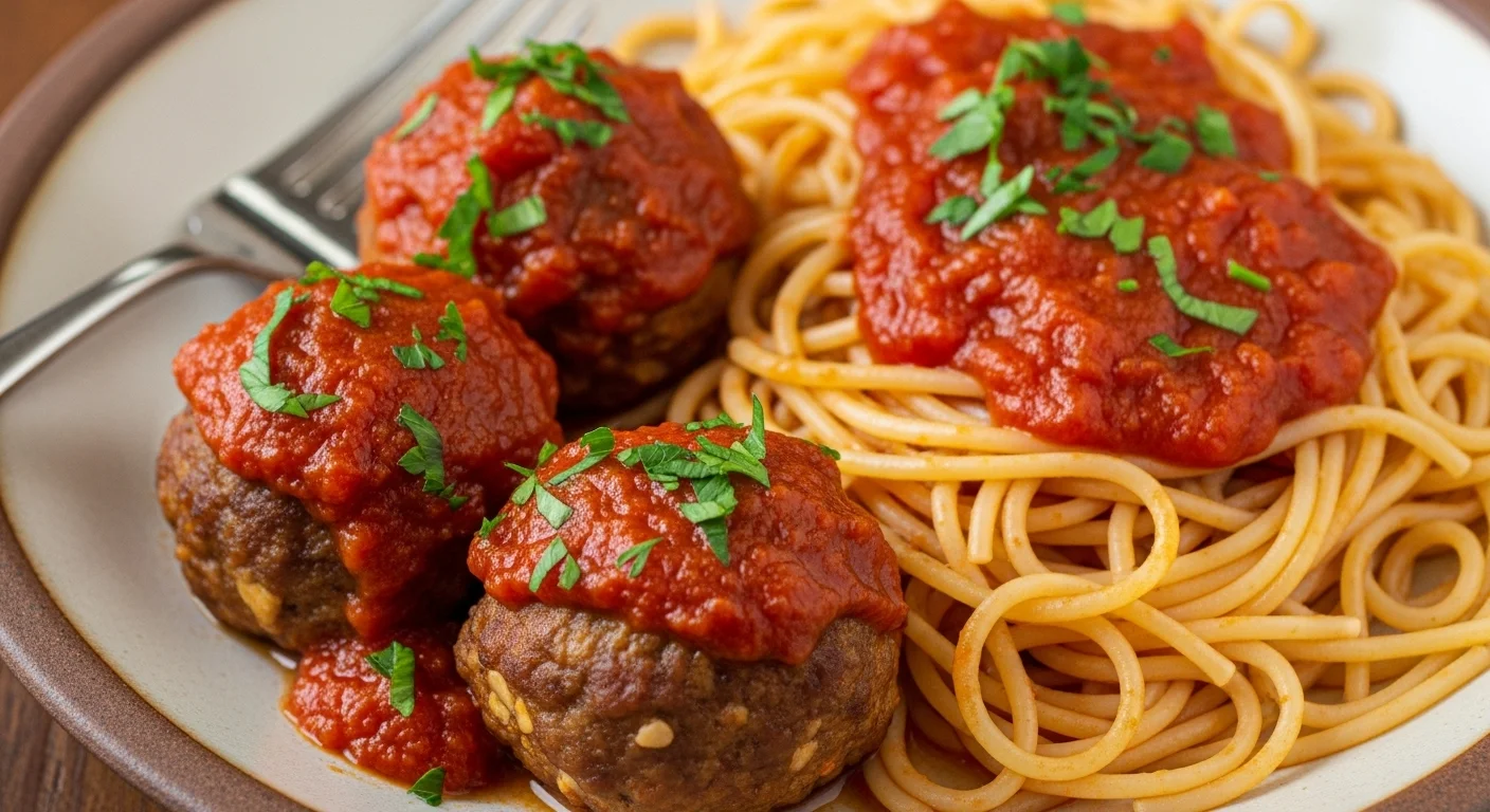 Baked meatballs served over spaghetti with marinara and Parmesan.