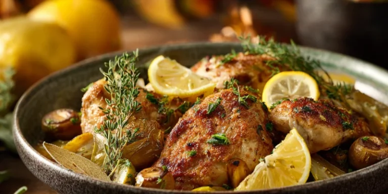 Close-up of autumn harvest chicken skillet dinner with golden chicken and caramelized vegetables