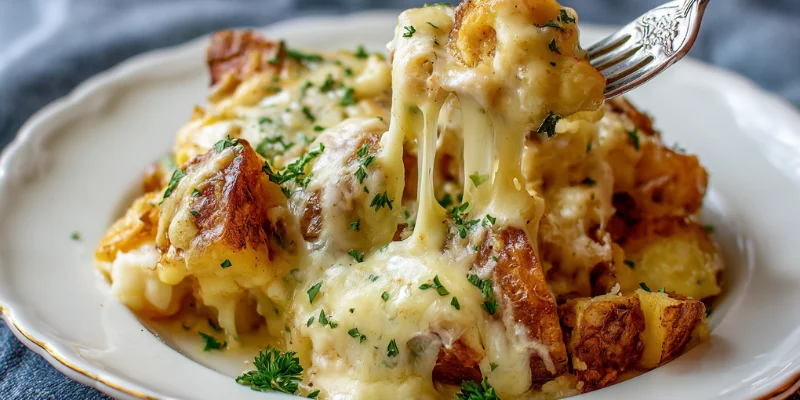 Overhead shot of plated cheesy ranch potatoes topped with parsley, gooey melted cheese stretching.
