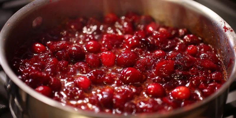 Chipotle cranberry chutney simmering on the stove in a stainless steel pot.


