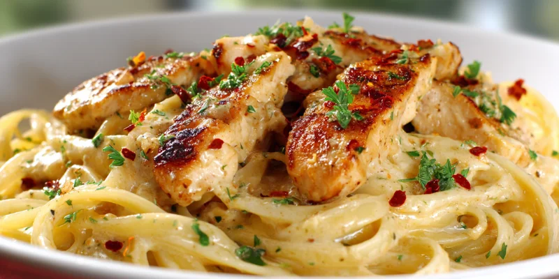 Close-up of creamy cowboy butter chicken linguine with parsley garnish.
