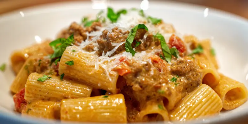 Creamy Sausage Rigatoni with Spinach Garlic and Tomato Cream Sauce