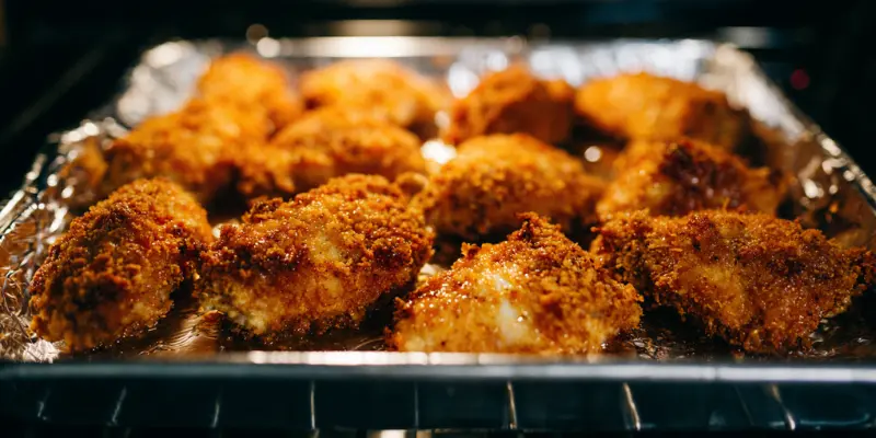 Crispy chicken baking in oven
