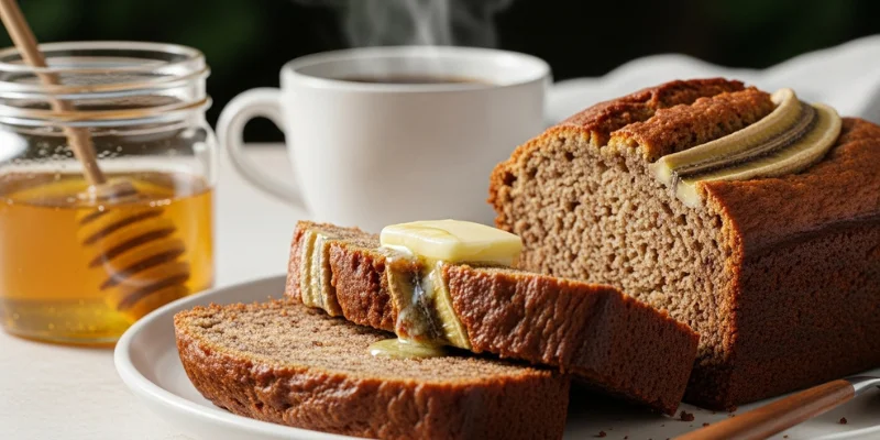 Freshly baked 3-ingredient banana bread loaf with golden crust and moist interior sliced on plate
